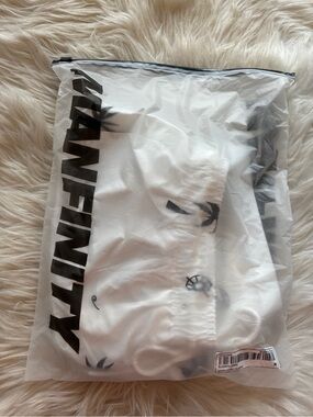 Men's White Swim Trunks with black palm tree detail!